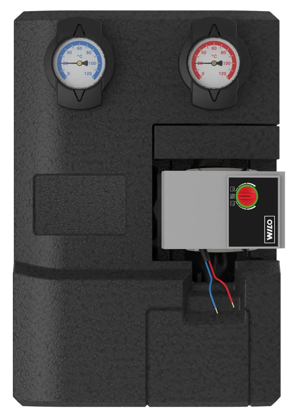 Zwei Temperatur- und Druckanzeigen in blau und rot oben, mittig eine Wilo-Pumpe mit einem Bedienfeld. Die Heizkreisstation von Remeha ist in einer schwarzen Hülle untergebracht.